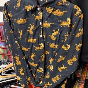 Women's Black and Orange Tiger Print Button Down Shirt